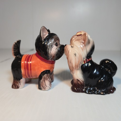 Vintage kissing yorkie - kissing,